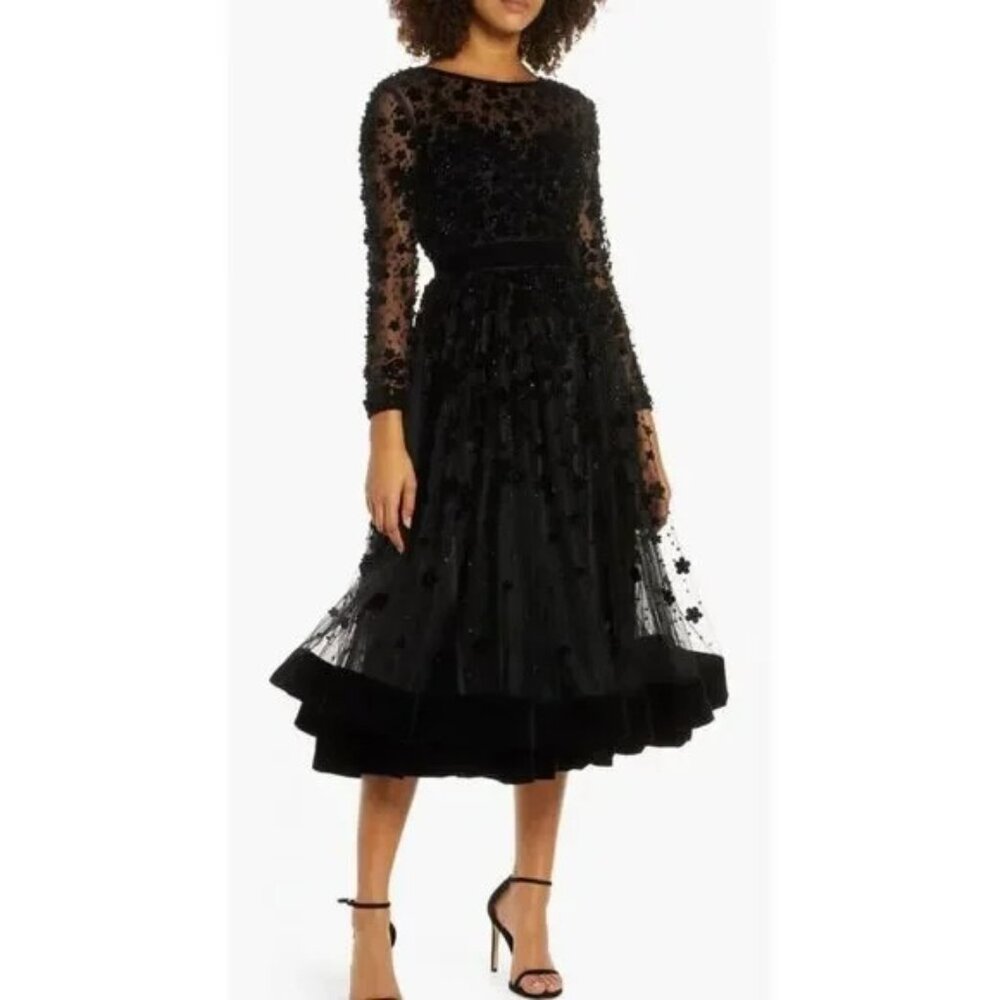 Mac Duggal Long Sleeve Fit & Flare Velvet Embellished Cocktail Dress in Black NW